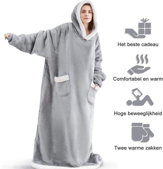 Grijze hoodie deken met capuchon en grote witte sherpa fleece zakken, 150cm lang.