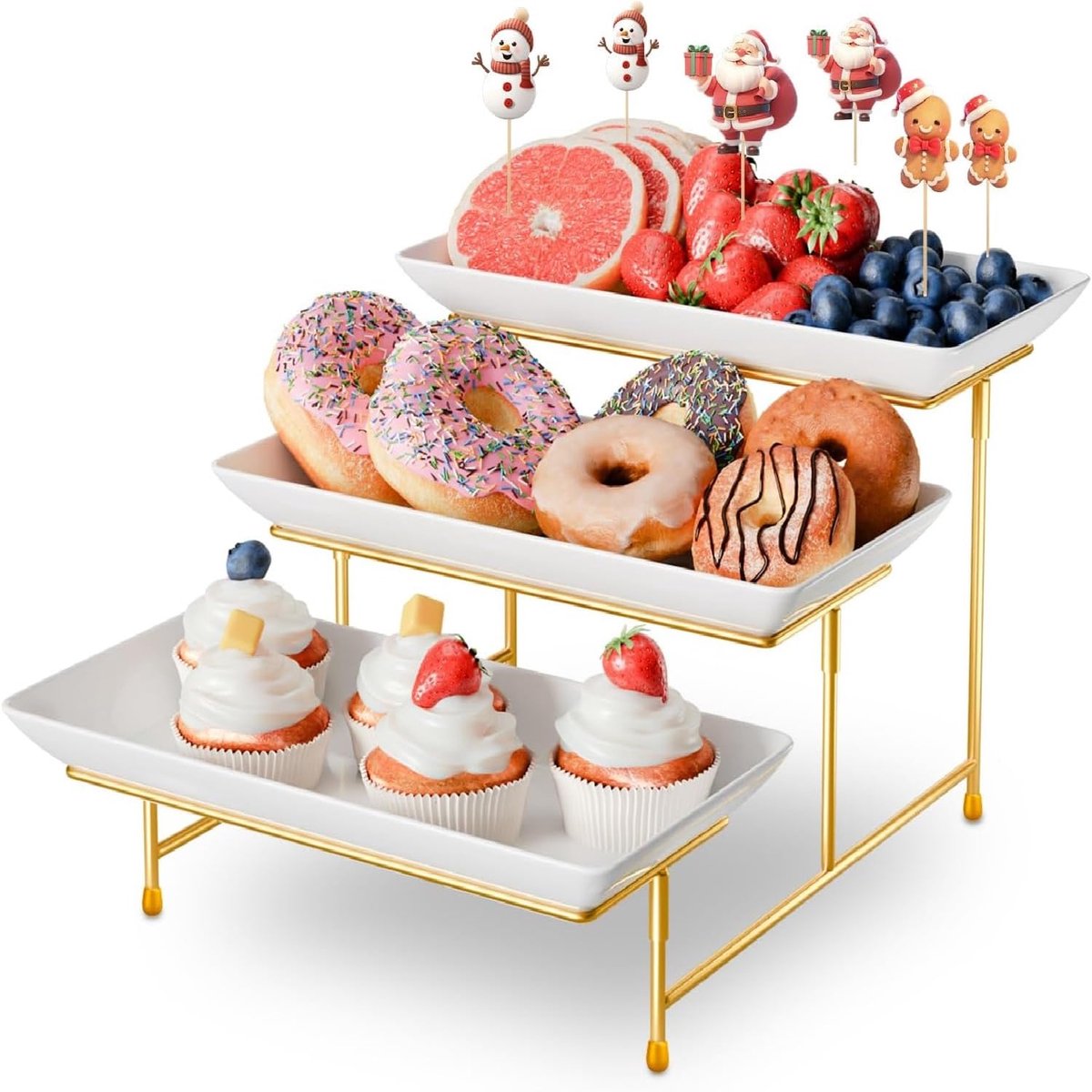 Unyqoos® Elegante drie-laagse serveerschaal voor desserts en hapjes met metalen frame