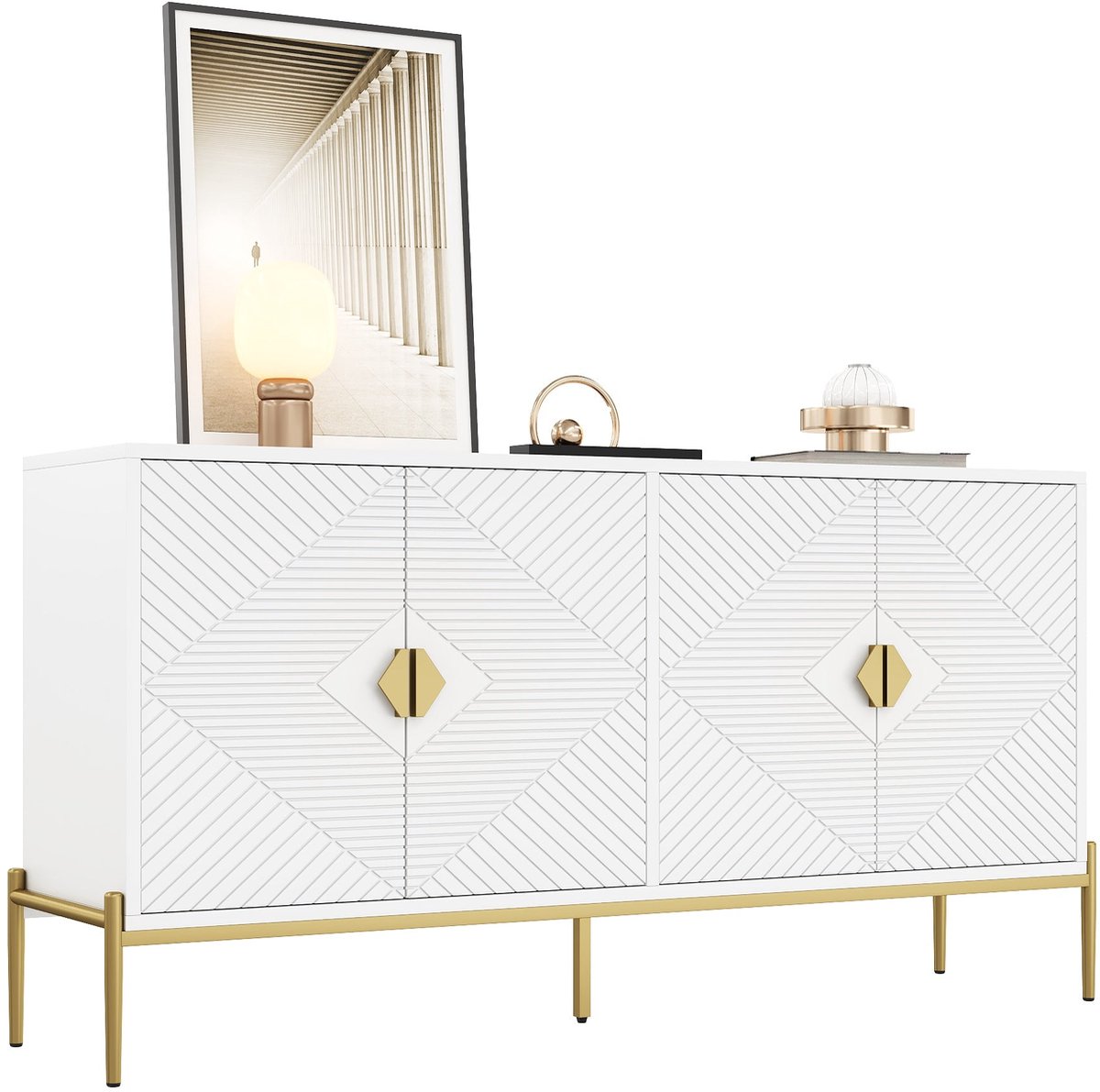 Merax Dressoir - 162x40x80cm - Wit met Gouden Details - Modern Sideboard met 4 Deuren - Houten Kast met Metalen Frame - Voor Woonkamer en Eetkamer