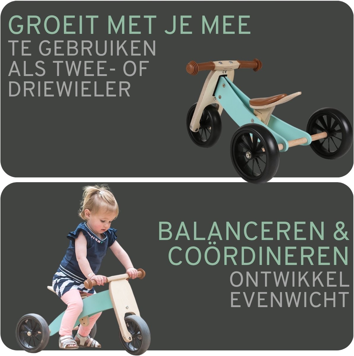 Bandits & Angels Smart Bike Loopfiets Hout 4-in-1 Mint vanaf 1 jaar - Voor Jongens en Meisjes - Houten Loop Fiets - Omkeerbaar in Driewieler en Tweewieler - Verstelbaar Zadel — afbeelding 2