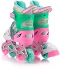Achterkant van roze skeelers met mintgroene en roze wielen, glitter en zeemeerminnenstaart-details.