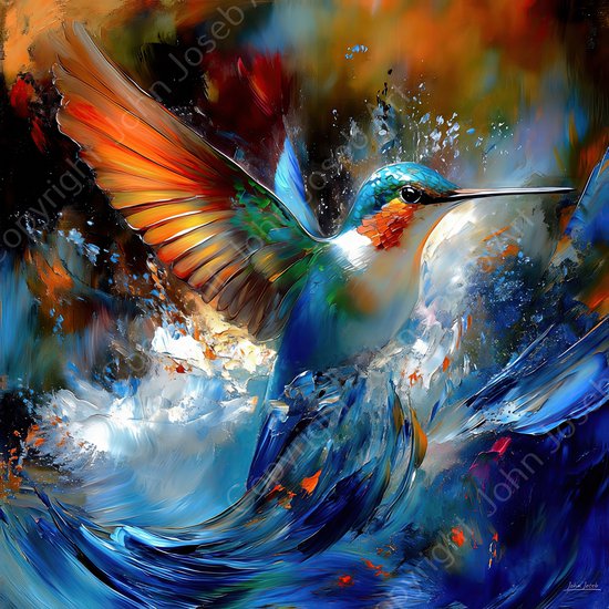 JJ-Art (Canvas) 60x60 | Kolibrie bij het water, vogel, abstract, artistiek, kleurrijk, felle kleuren, dier, kunst, vierkant, blauw, rood, oranje, wit, modern | Foto-Schilderij canvas print (wanddecoratie)