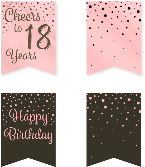Vierdelige set roze en zwarte slingerdelen met stippen en teksten 'Happy Birthday' en 'Cheers to 18 Years'.