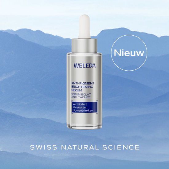 Weleda Anti-Pigment Brightening Serum in zilveren fles met druppelaar, met tekst 'Nieuw' en bergen op achtergrond.