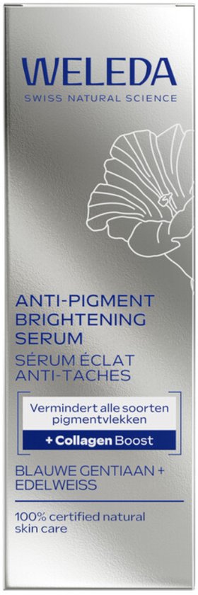 Weleda Anti-Pigment Brightening Serum verpakking, zilverkleurig met blauwe details, bloemenmotief en tekst.