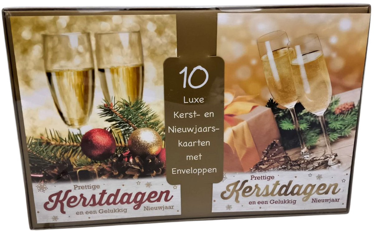 10 Luxe Kerstkaarten / Nieuwjaarskaarten met Enveloppen – Champagne Thema – Prettige Kerstdagen en een Gelukkig Nieuwjaar