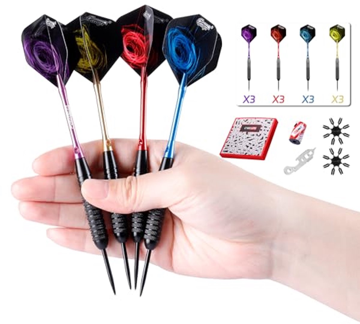 Dartpijlen Set 22/28g met Aluminium Shafts, Slijper, Gereedschap, Flights en Flightdoppen - 12 Stuks