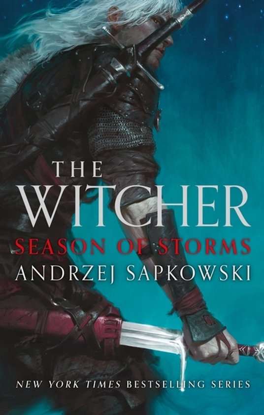 Couverture du livre "The Witcher: Season of Storms" par Andrzej Sapkowski, représentant un guerrier aux cheveux argentés en armure.