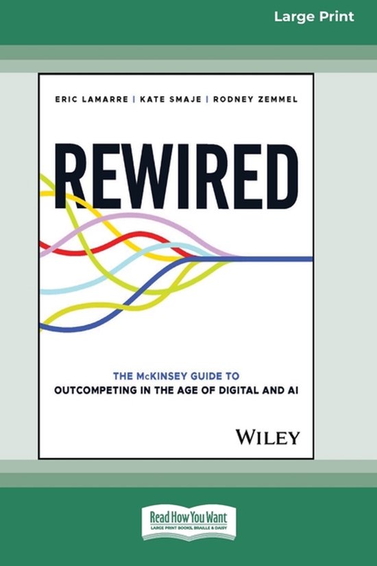 Livre "Rewired: The McKinsey Guide to Outcompeting in the Age of Digital and AI". La couverture présente le titre en gros caractères, avec des lignes colorées qui s'écoulent du titre.