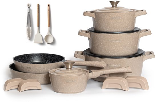 Royal Line® OS1014 Batterie de Cuisine à Induction - Batterie de Cuisine 14 pièces - 4 Poignées Froides Amovibles - Adaptée à Toutes Sources de Chaleur - Beige