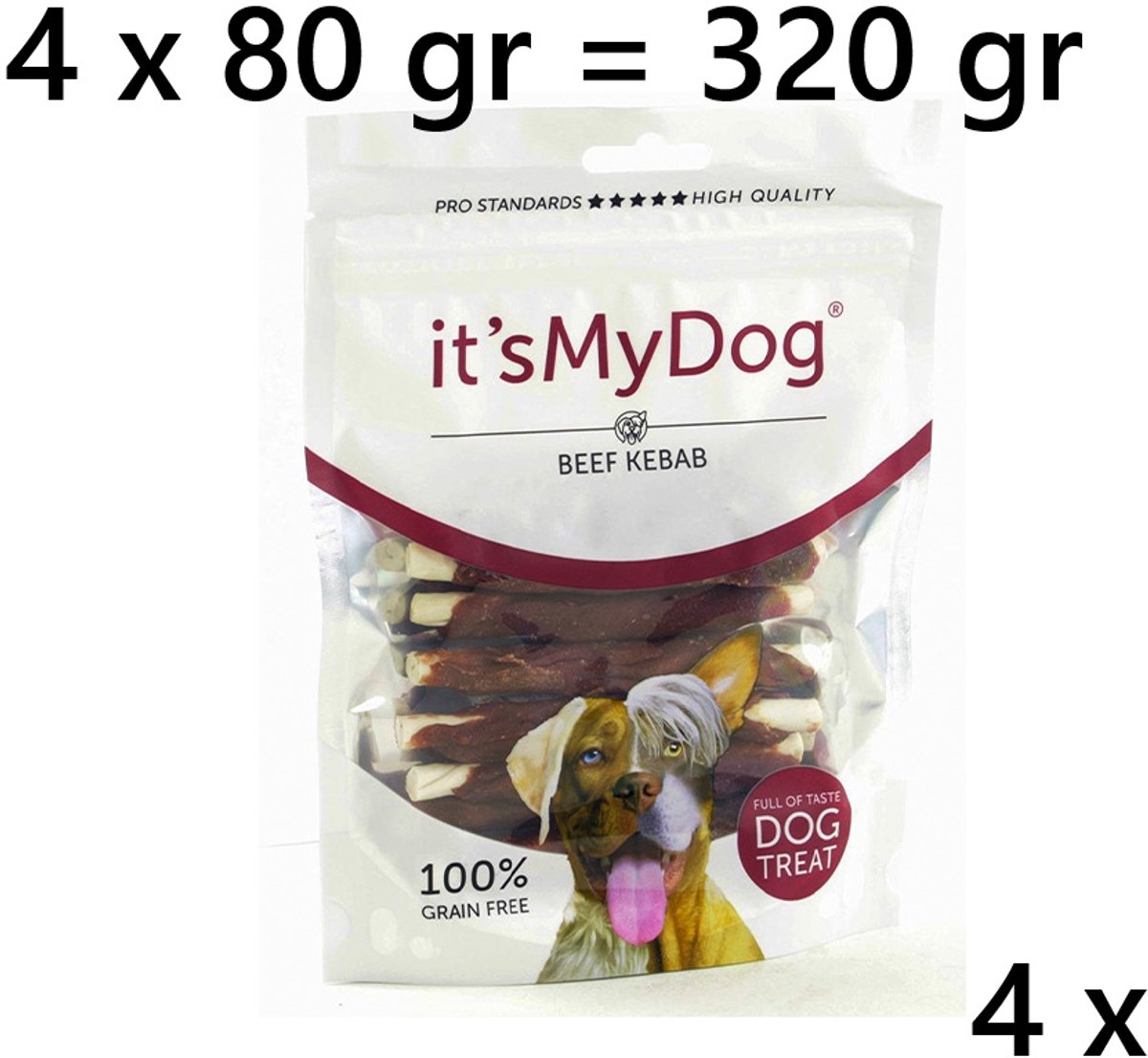 4 X It 's my dog - beef kebab 80 gr = 320 gram 100% graanvrij - als verwensnack - tandverzorgend rund 44%