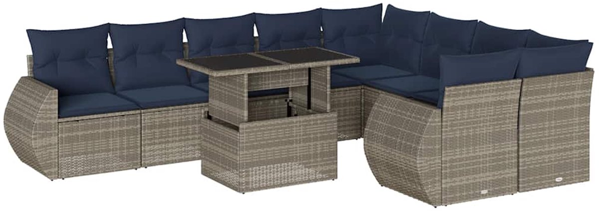vidaXL - 10-delige - tuinbankset - met - kussens, - grijs - polyrotan