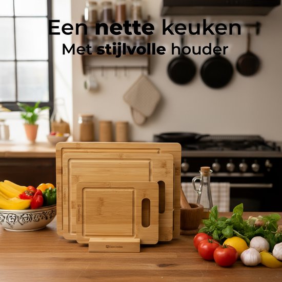 Ensemble de planches à découper en Bamboe CasaCucina - Juice Groove - Avec support - 3 pièces - Planche de service - Avec huile d'entretien - Bois