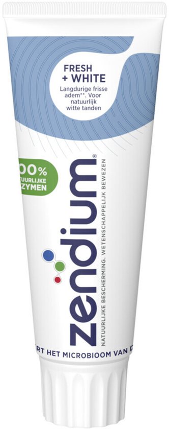 Witte tube Zendium Fresh+White tandpasta met blauwe golvende lijnen en groene tekst "100% natuurlijke enzymen".