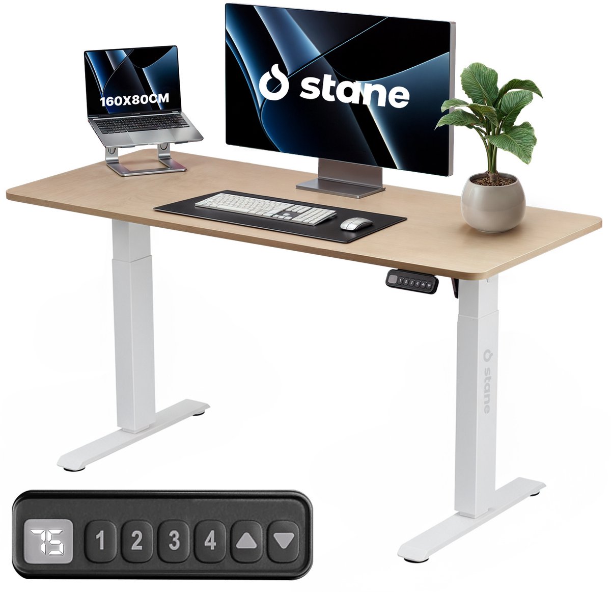 Stane Zit Sta Bureau Elektrisch Verstelbaar - 4 Geheugen Standen - Incl. Kabelgoot - 160 x 80 cm - Eiken Blad, Wit Frame