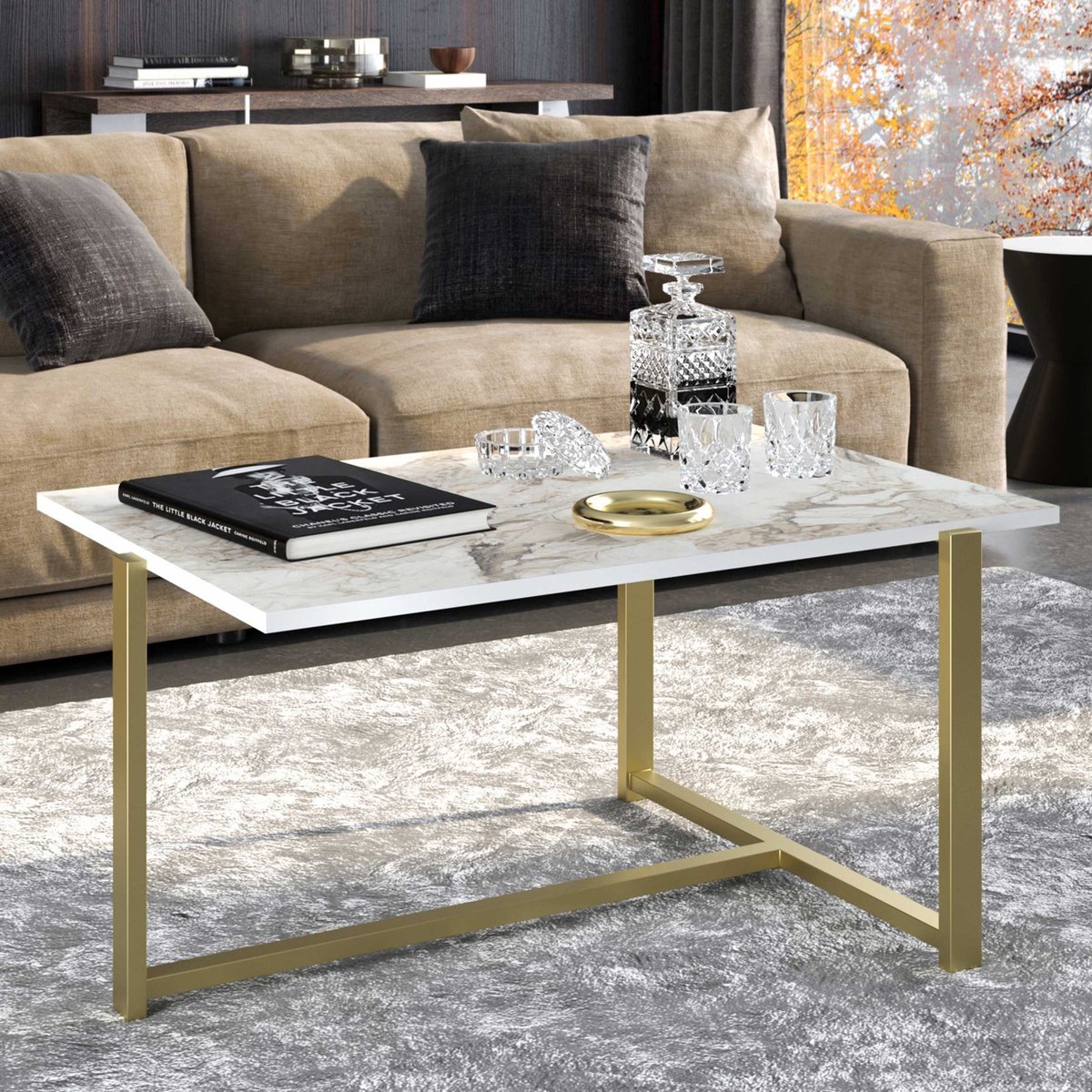 Merideths Salontafel | 100% MELAMINE | Goud, Wit - Asir Group - Rechthoekige salontafels - Wit; Goud - Melamine; Metaal; Spaanplaat - Rechthoekige salontafels -