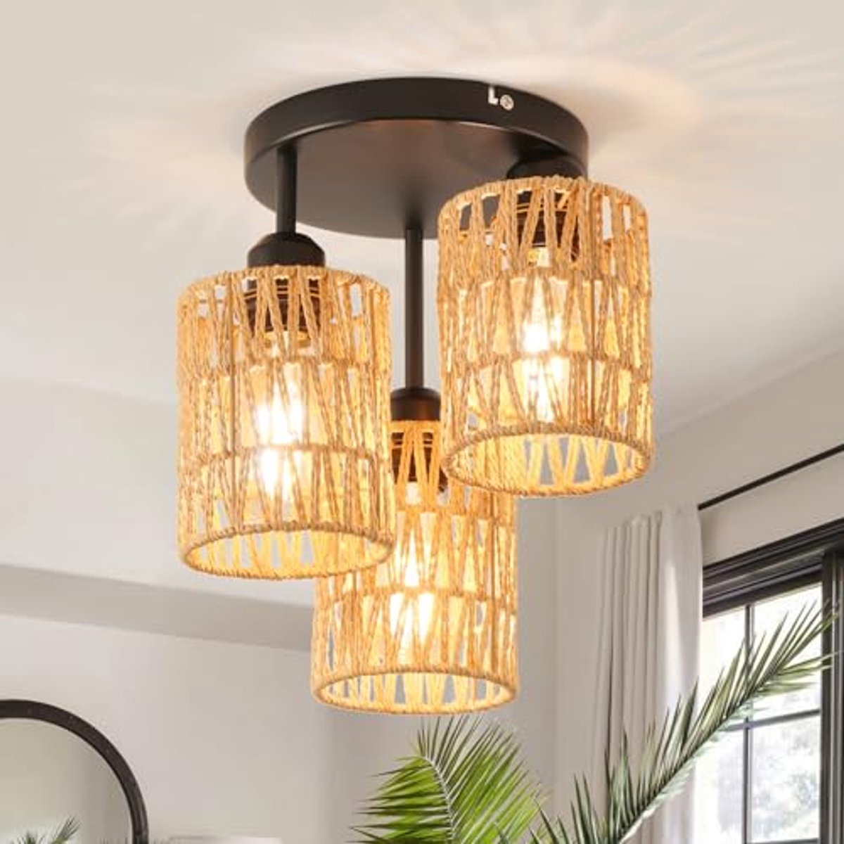 ANWIO Rotan hanglamp, led-plafondlamp met 3 vlammen met rotan lampenkap, vintage bamboe kr