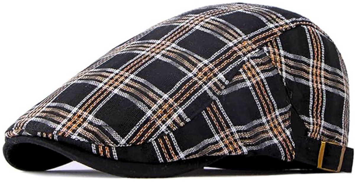 Winkrs - Flatcap zwart/beige geruit - Platte pet, klak pet, golfpet - Verstelbaar - Zomerpet