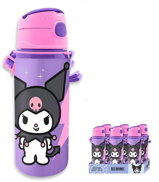 Gourde violette avec illustration de Kuromi et bouchon rose. Comprend une dragonne. Six gourdes dans un présentoir.