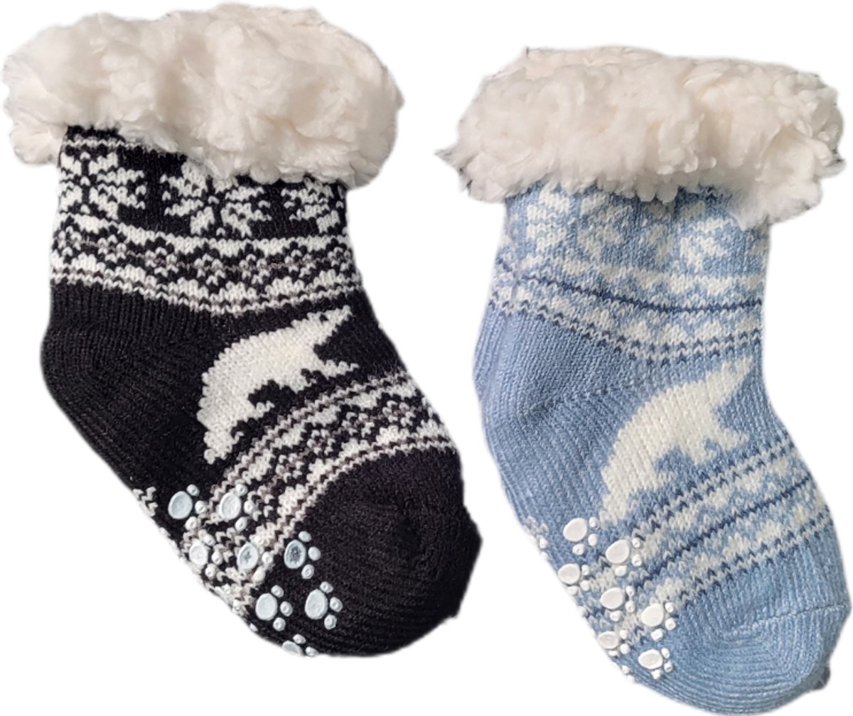 Baby - Huissokken - Antislip - Gevoerd - Set van 2 paar - Huissokken - Unisex - kinderen - Warme wintersokken - Kleur Zwart/Lichtblauw/Wit - Maat 12 t/m 24 maanden - Kerst - Cadeau