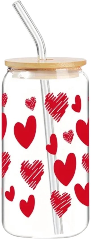 Gobelet en verre à motif de cœurs rouges, avec couvercle en bambou et paille en verre.