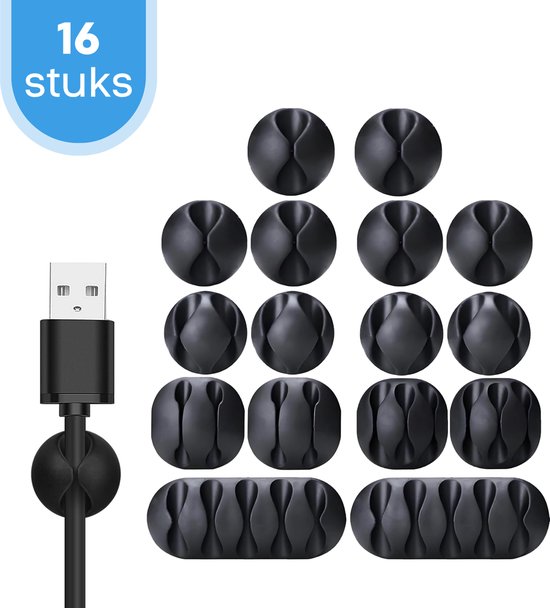 FOXLY® Support de câbles 16 pièces Rond - Clip de câble Zwart - Organiseur de câbles - Organiseur de bureau - Auto-adhésif - Gestion des câbles