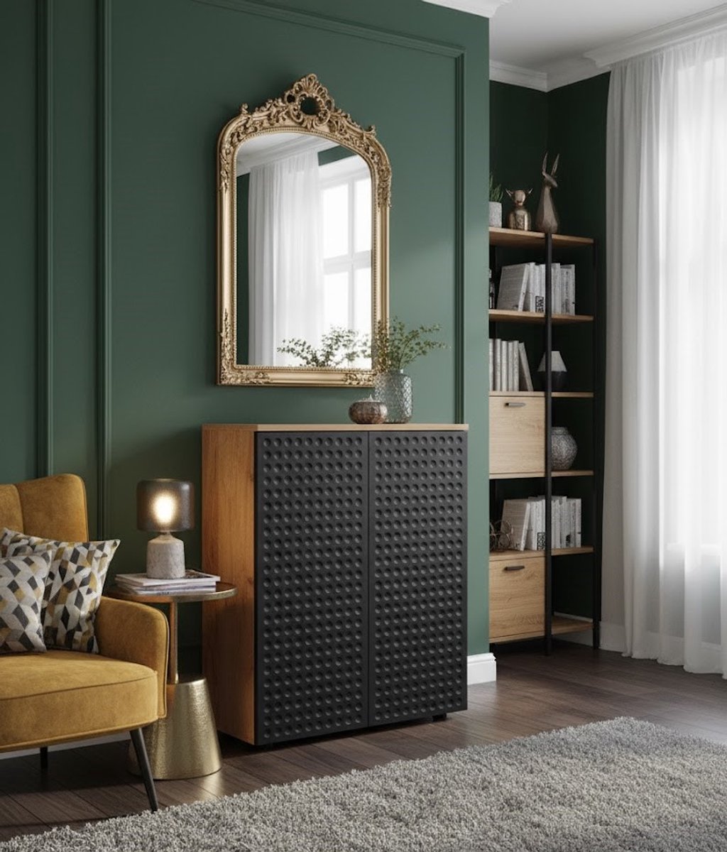 Luxe Badkamerkast “Irma Deluxe” – Groen & Goudeiken – 60x81x30 cm – Moderne Vrijstaande Midi Kast – Opbergkast met 2 Deuren & 3 Legplanken – Perfect voor Handdoeken & Badkameraccessoires