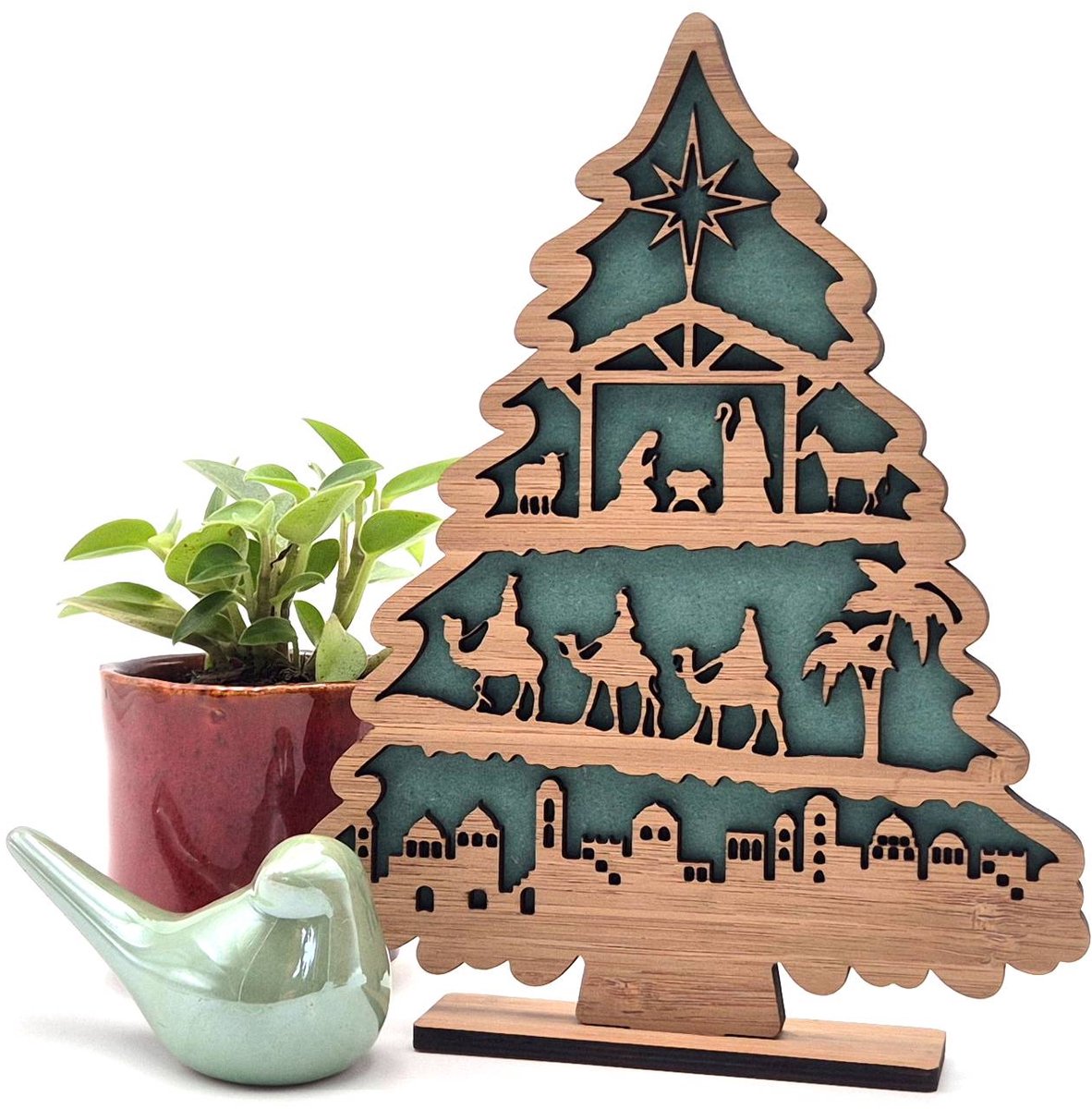 Houten kerstboom met kerstverhaal – groen of rood – Groene uitvoering