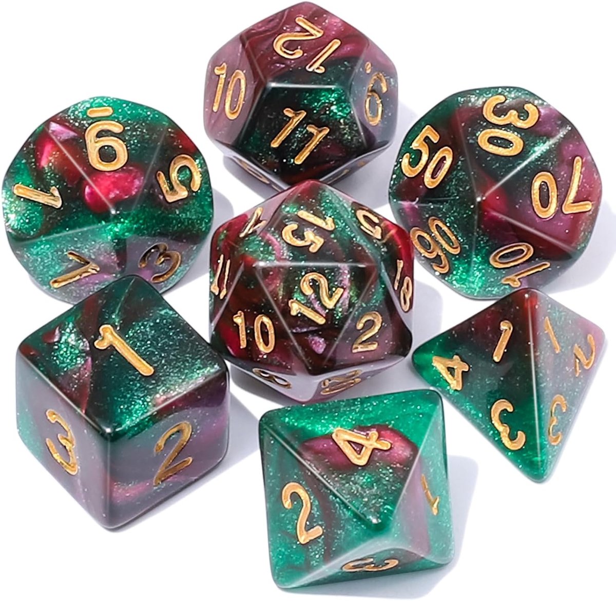 Dobbelstenen Set 7-delig – Rood Groen D20 D12 D10 D8 D6 D4 – Voor RPG & Tafelspellen