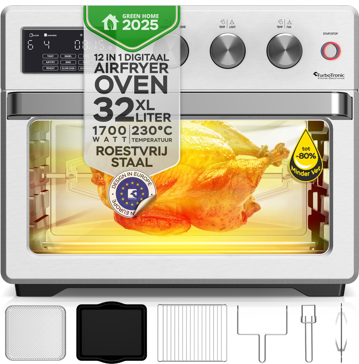TurboTronic AF32DRD Airfryer XXL en Oven – Heteluchtfriteuse - 32 Liter – Zilver