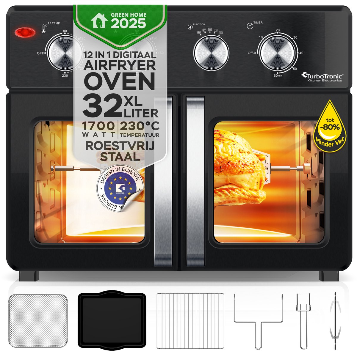 TurboTronic AF32MFD Airfryer XXL en Oven – Dubbele Deur - 32 Liter – Zwart