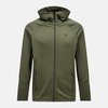 Donkergroene hoodie met rits, capuchon en Peak Performance logo op de borst. Twee ritszakken.