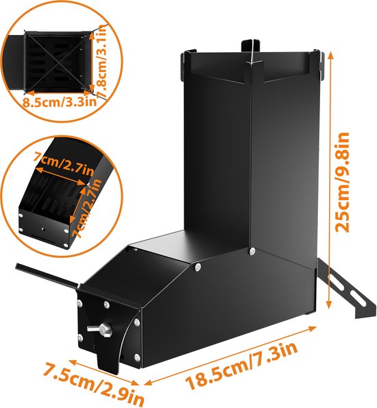 Rocket Stove RVS vuurschaal open haard - Draagbare kampeerhoutkachel, kampeerkachel met tas, kampeerkachel en terraskachel. Campinggrill voor BBQ, wandelen, tuin, zwart — afbeelding 5