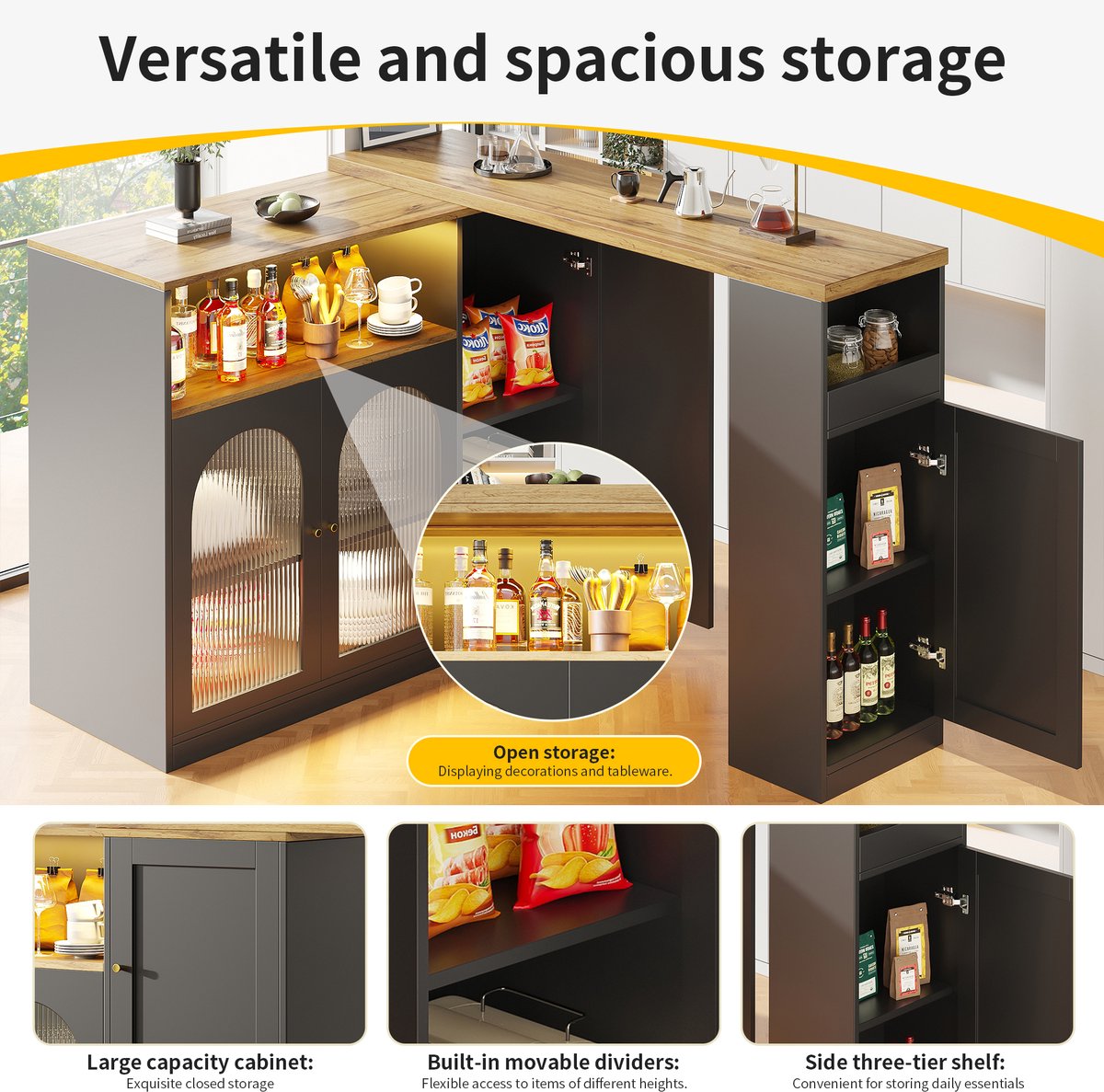 360° Draaibare Bartafel (198x40x97 cm) - Zwart Kast met Houtfineer & LED Verlichting - Sideboard, Wijnaansteker of Koffiehoek