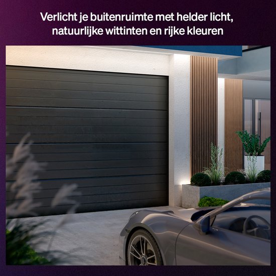 Donkere garagedeur verlicht met helder, natuurlijk wit licht.