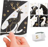 Inspra Studio – Luxe Kerstkaarten met Enveloppen – 5 Stuks – Rendier, Kat, Hond, Paard & Eend Wenskaarten – Minimalistische Dieren Illustraties