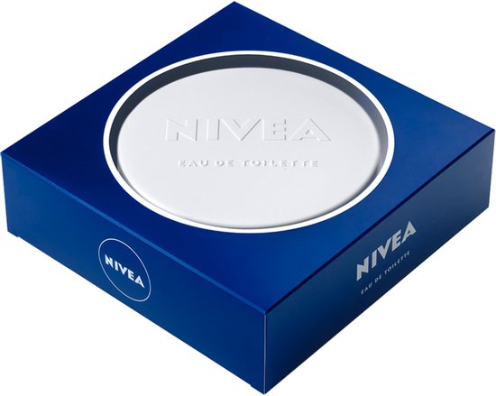 Blauwe vierkante geschenkdoos van NIVEA Eau de Toilette met witte parfumfles bovenop.
