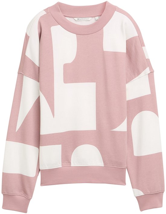 Roze sweatshirt met abstract wit patroon.