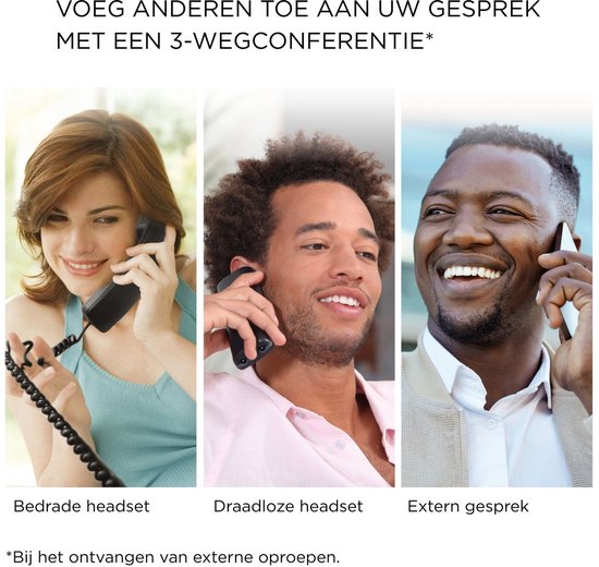 Drie afbeeldingen van mensen die bellen met een bedrade headset, draadloze headset en extern.