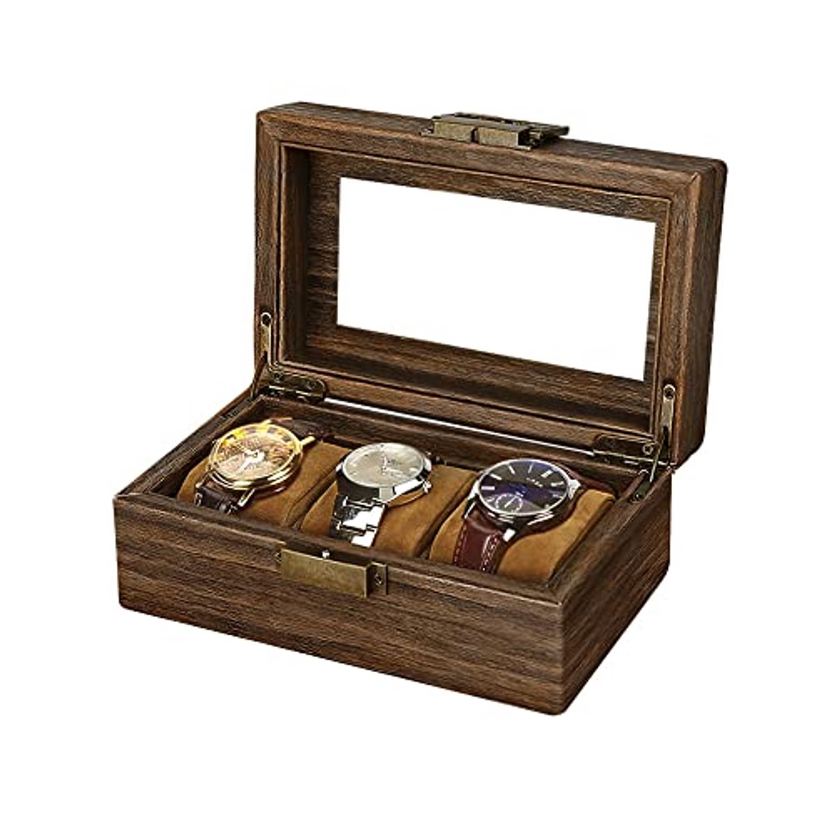 Horloge Box voor Mannen - 3 Vakken Horloge Organizer met Glazen Deksel