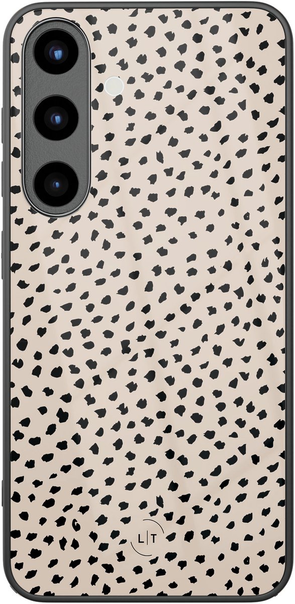 Hoesje geschikt voor Samsung Galaxy S25 - Almond dots - Luxe Glazen Hardcase - Gestipt - Beige