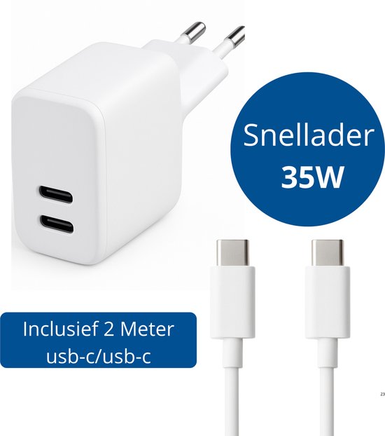 Xtronic 35W USB-C Snellader – Dubbele Poort Oplader – inclusief 2 meter USB-C/USB-C - Geschikt voor iPhone, iPad & Samsung – Compacte USB-C Adapter