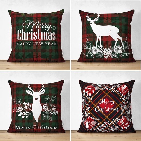 Sierkussen en velours Set de 4 pièces - 50x50 cm - Joyeux Noël - Coussin intérieur inclus