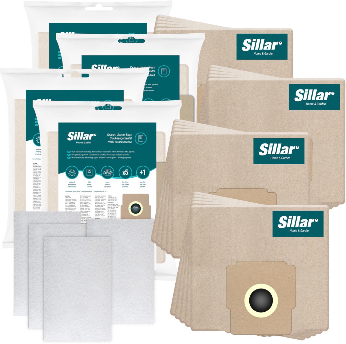 Sillar , Set stofzuigerzakken, papier 20 stuks + 4x inlaatfilters, 2 filterlagen, vervangingsonderdeel, geschikt voor stofzuigers Zelmer Elf Cobra Meteor Odyssey