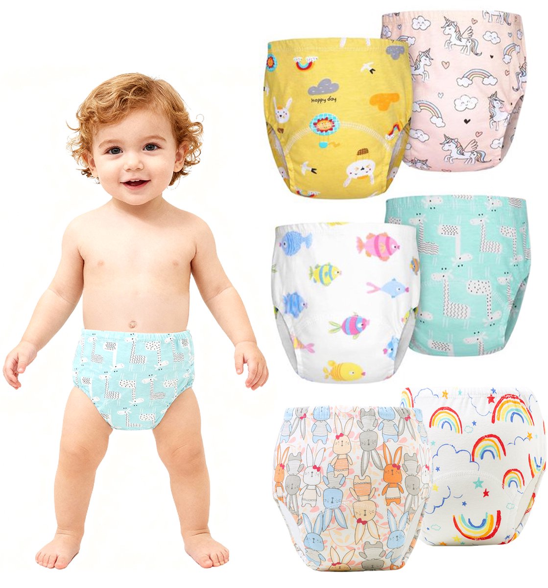 Image of 6-pack baby-trainingsbroekjes - Trainingsbroekjes voor baby's - Ademende katoenen luiers voor kinderen - Wasbaar - Herbruikbaar - Geschikt voor jongens en meisjes - Maat 90