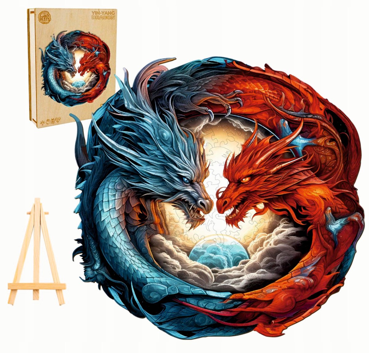 Houten Puzzel 300 Stukjes Draak Ying Yang in Houten Kist