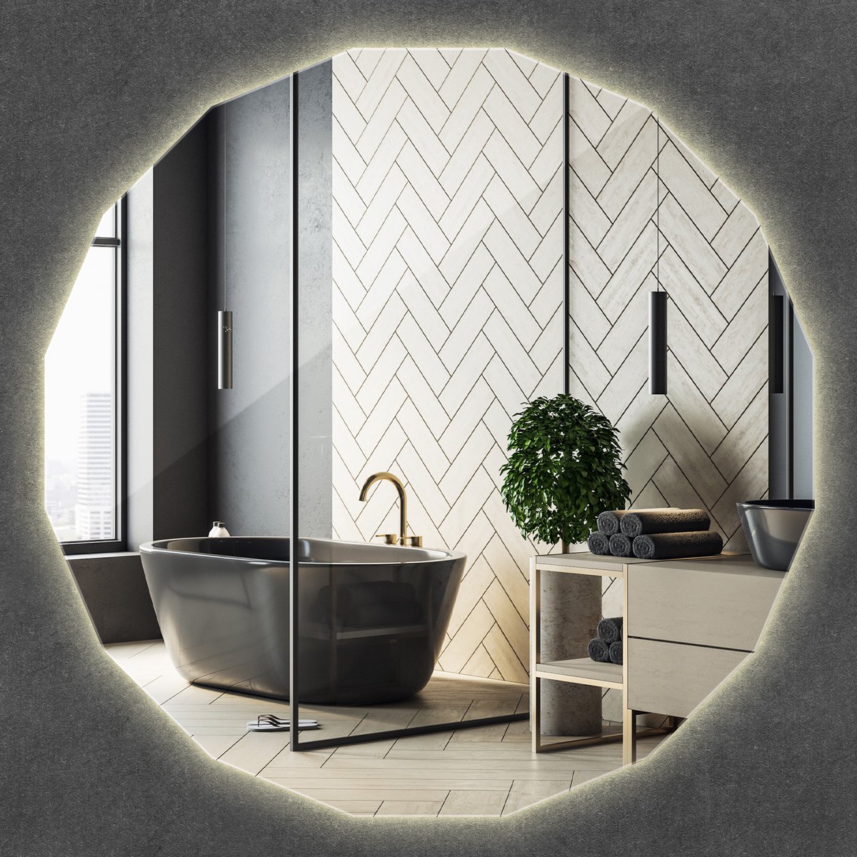 Wallfluent LED Spiegel - Veelhoekige Bijgesneden LED Spiegel - 100 cm x 100 cm - Grote Dec