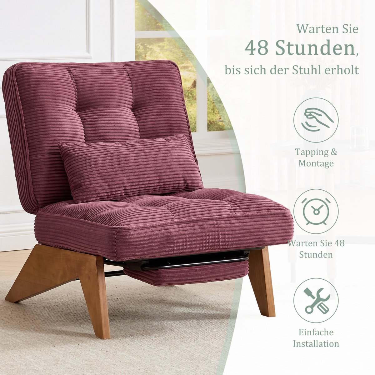 Modern verstelbare, rugvrije loungestoel van stof met voetensteun, lendenkussen en houten poten voor woonkamer/slaapkamer/studiekamer- wijnrood