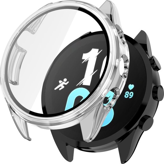 Transparant beschermhoesje met een glazen scherm voor een Garmin smartwatch.