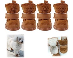 Hondenschoenen- hondenschoenen pootbeschermer- Enkellaarsjes met klittenbandsluiting voor honden en chihuahua's, 4-pack, winterse laarzen met fleecevoering en rubberen zool, antislip, slijtvast en gemakkelijk te combineren (bruin, 6*4,5 cm)